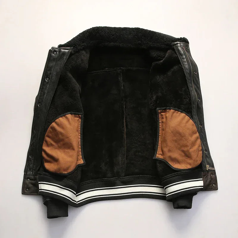 Men’s Black Leather Bomber Jacket with Real Shearling Collar