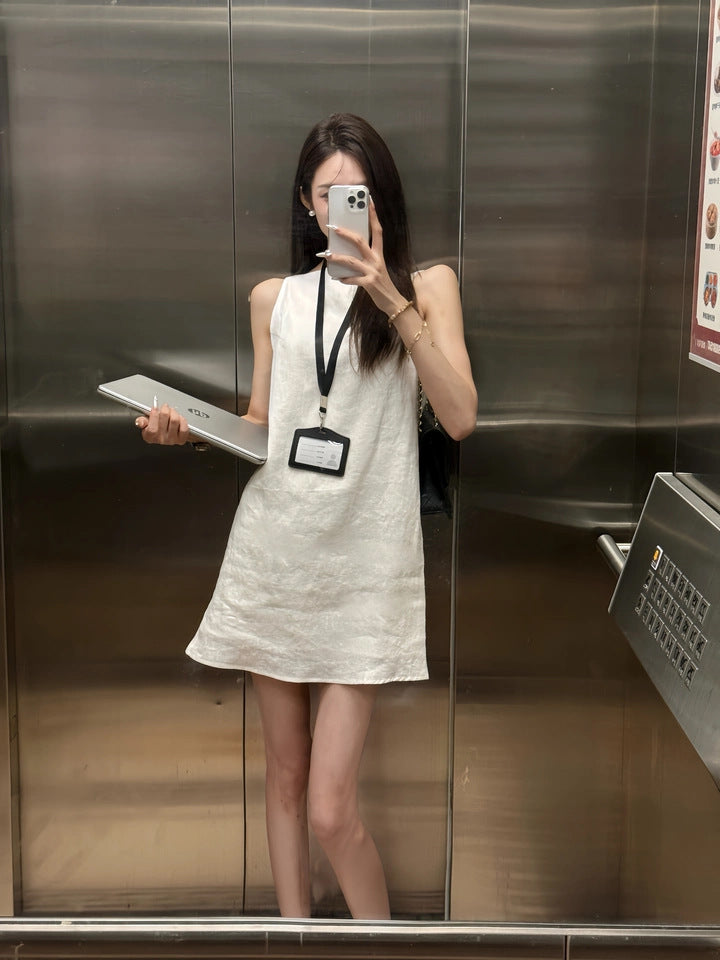White linen backless mini dress spaghetti strap summer casual