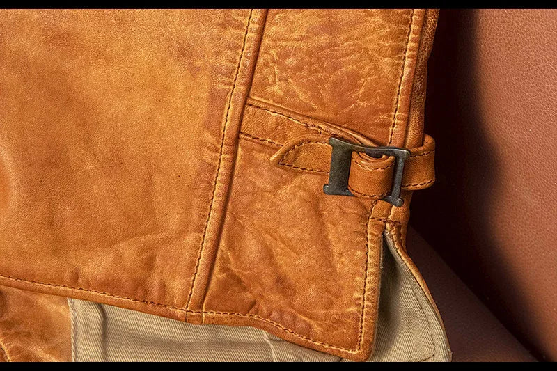 Men's slim-fit washed orange leather motorcycle vest