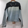 Women Spliced Denim Cropped Jacket with Lace Overlay