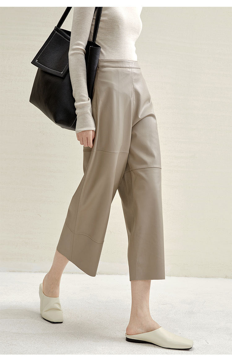 Irregular Cut Leather Wide Leg Pants for Women Cropped Straight Fit