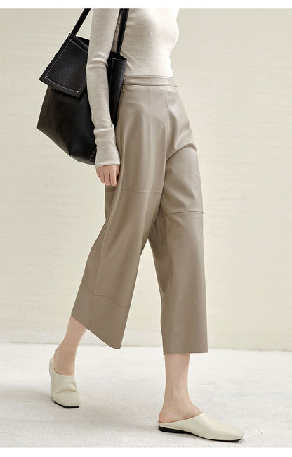 Irregular Cut Leather Wide Leg Pants for Women Cropped Straight Fit