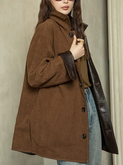 Reversible Waxed Leather Jacket Oversized Coat with Corduroy
