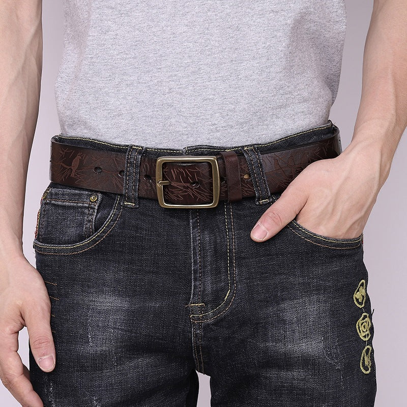 Men’s Engraved Leather Belt with Top-Grain Cowhide and Brass Buckle