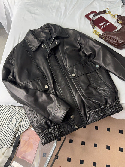 Retro black women leather flight jacket