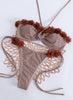 Brown Checkered Two Piece Bikini Set with Floral Appliqués