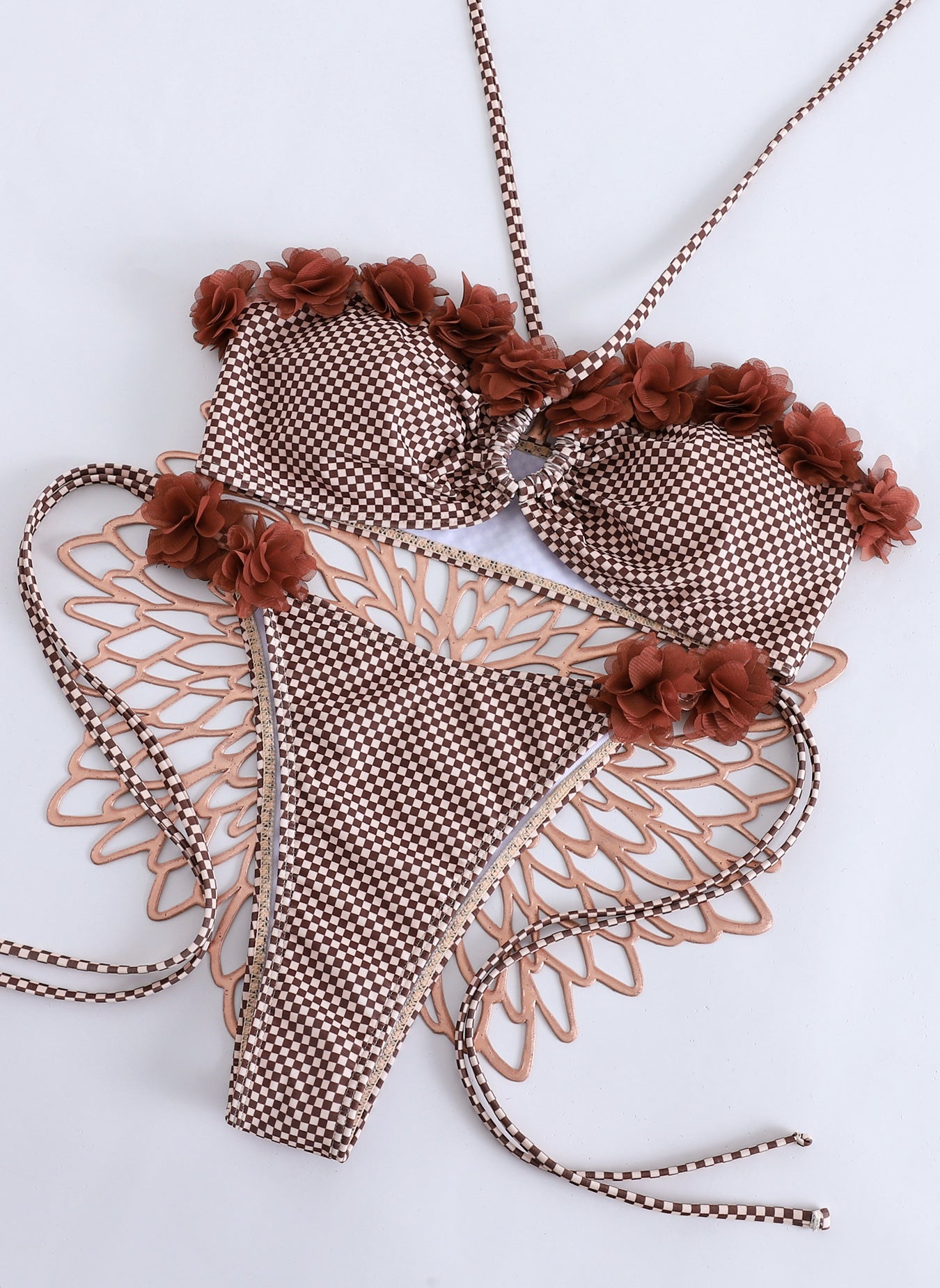 Brown Checkered Two Piece Bikini Set with Floral Appliqués