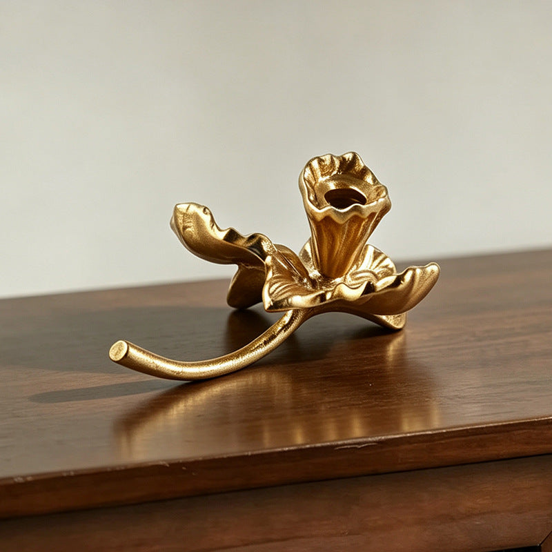 Gold Iris Flower Taper Candle Holder with Sculptural Petal Design