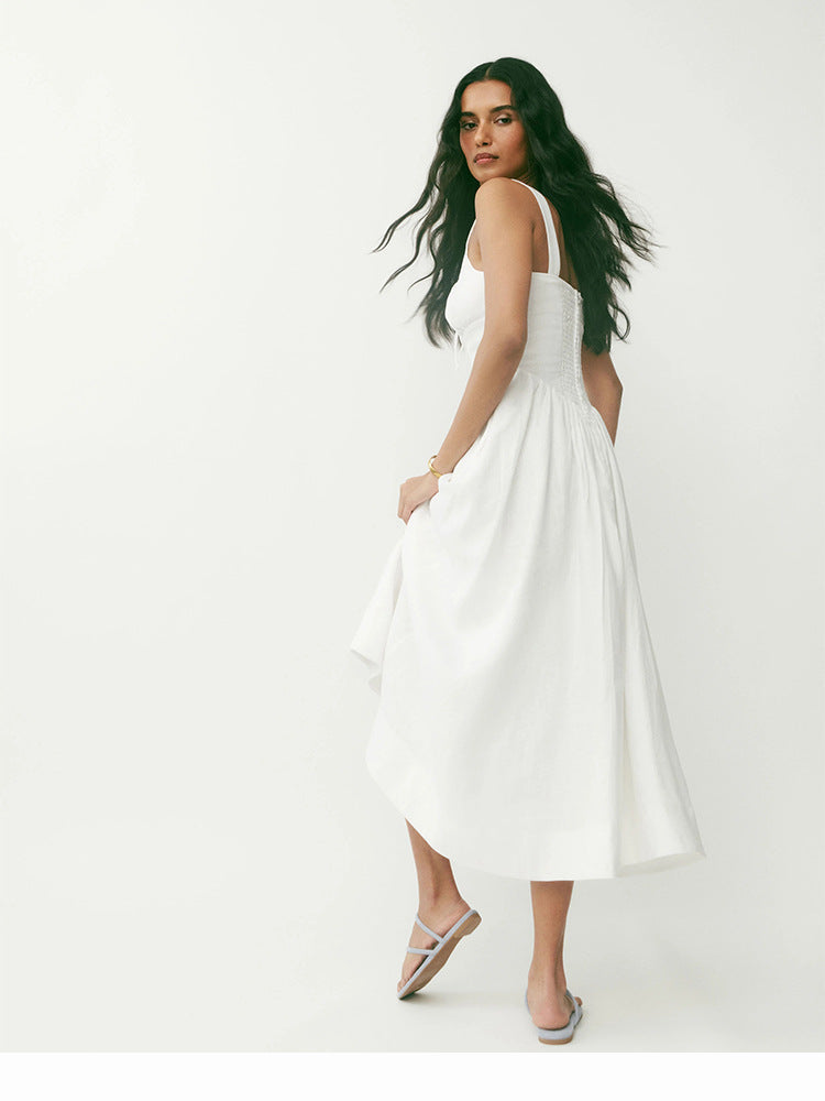 White linen a line midi sundress square neck summer