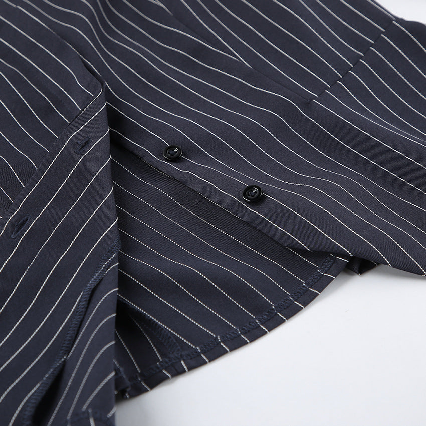 Women Navy Blue Pinstripe Blazer Skirt Set Two-Piece Outfit