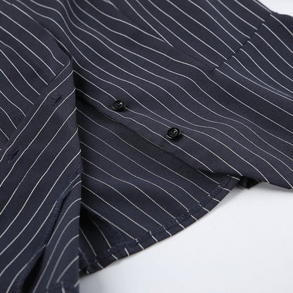 Women Navy Blue Pinstripe Blazer Skirt Set Two-Piece Outfit