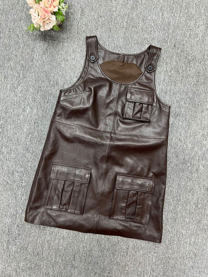 Women Leather Mini Dress A-Line Pocket Dress