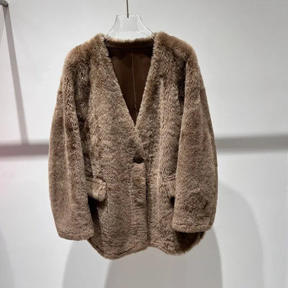 Women’s Brown Sheepskin Lambswool Fur Coat