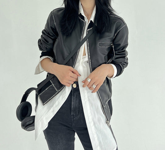 Women Leather Bomber Jacket Black Slim Fit Moto Coat