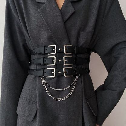 Women’s Black Punk Waist Belt With Buckles and Chains