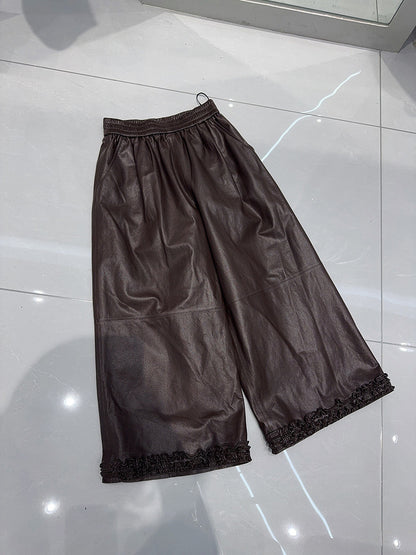 Women Wide Leg Leather Pants High Waisted Nine Point Trousers