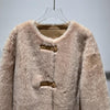 Women Leather Real Fur Coat Short Shearling Round Neck Jacket