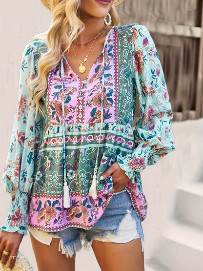Tassel tie boho blouse with patchwork floral panels