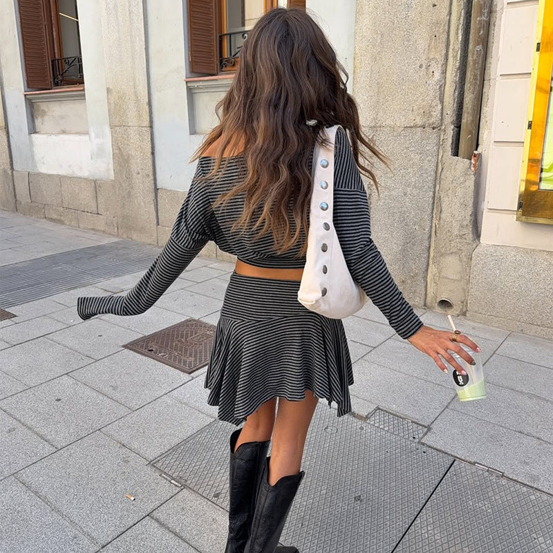 Black & Gray Striped Off Shoulder Top for Women