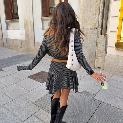 Black & Gray Striped Off Shoulder Top for Women