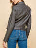 Women’s Grey PU Leather Cropped Motorcycle Jacket With Belt