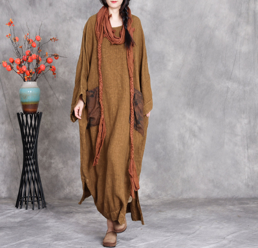 Plus size linen maxi dress loose long sleeve with pockets 1