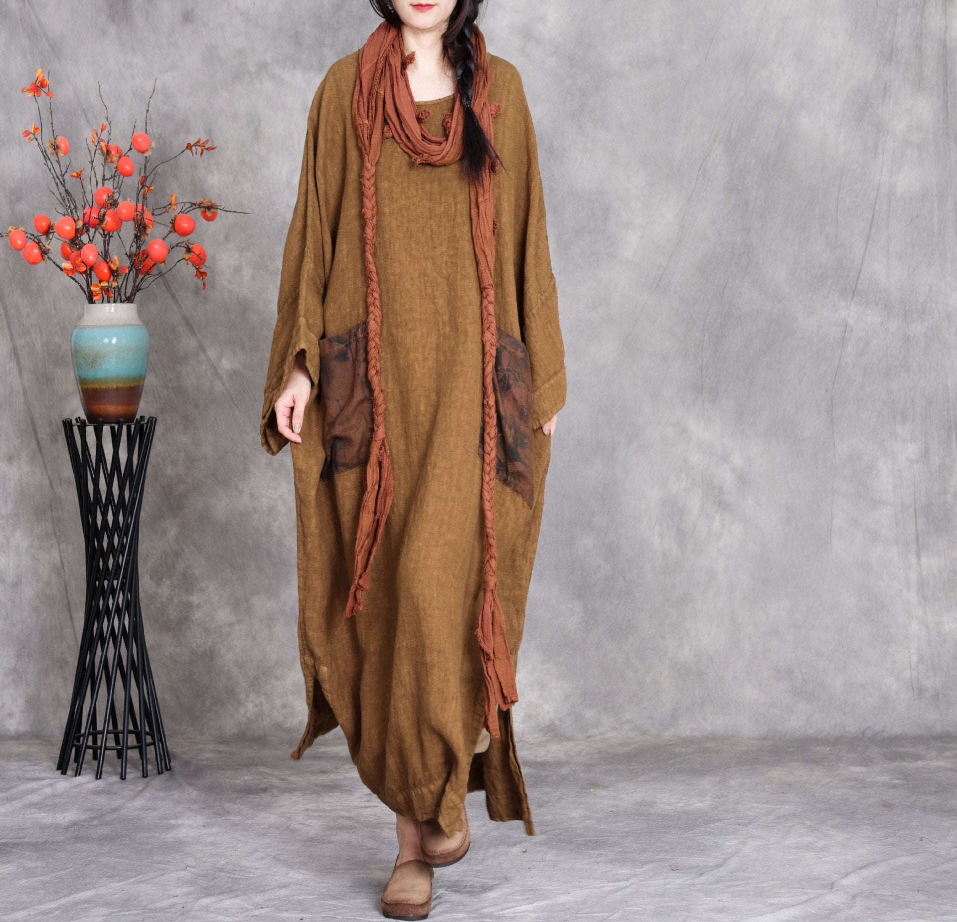Plus size linen maxi dress loose long sleeve with pockets 1