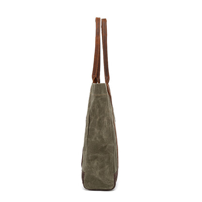 Canvas Tote Bag with Waxed Finish and Genuine Leather Handles