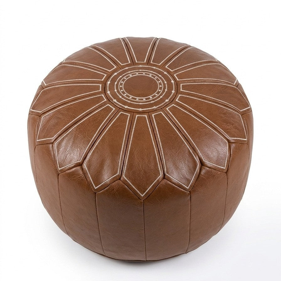 Round Faux Leather Pouf Ottoman Cover with Pumpkin Stitching