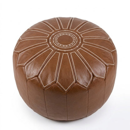 Round Faux Leather Pouf Ottoman Cover with Pumpkin Stitching
