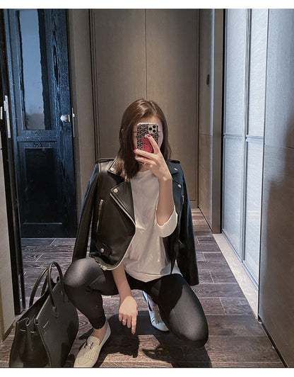Women Leather Moto Jacket Cropped Motorcycle Jacket