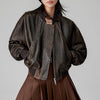 Women’s Genuine Leather Bomber Jacket Retro Baseball Style Coat