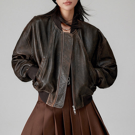 Women’s Genuine Leather Bomber Jacket Retro Baseball Style Coat