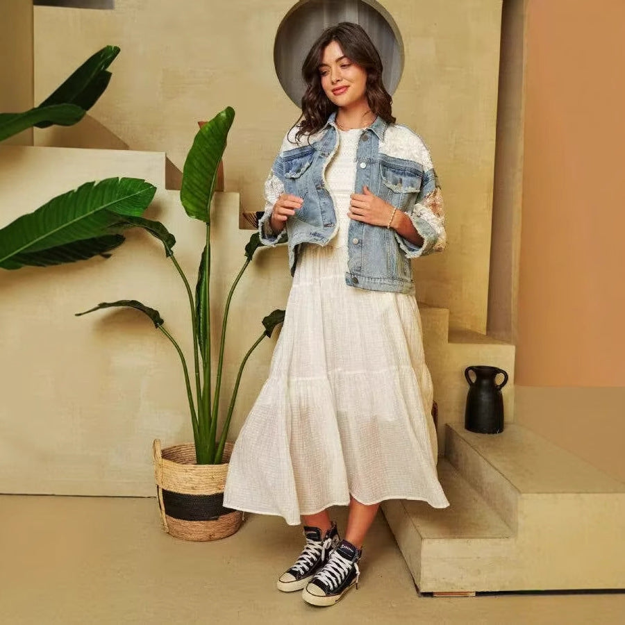 Mesh Spliced Oversized Denim Jacket with Lace Sleeves