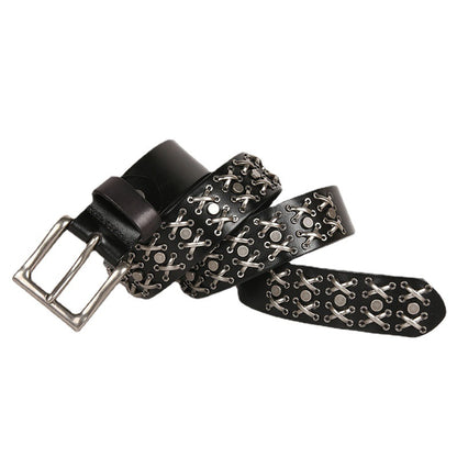 Genuine Leather Punk Belt with Silver Cross Rivets