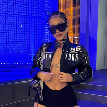 Cropped Faux Leather Jacket Women Moto Bomber Style