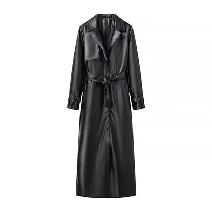 Women’s Faux Leather Belted Trench Coat Long Jacket