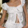 Lace Patchwork Tie Front Puff Sleeve Crop Top