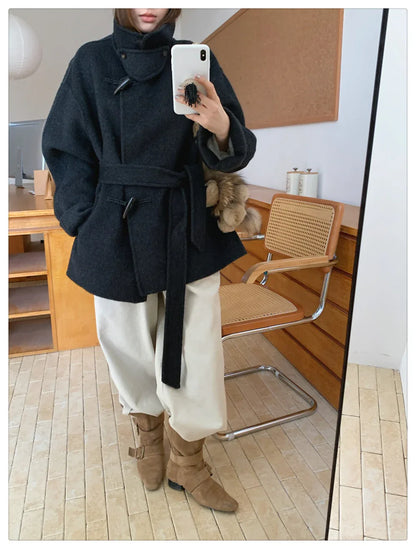 Women Wool Horn-Button Belted Funnel Coat 2 S