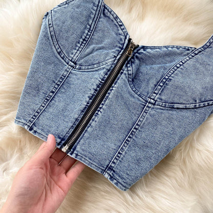 Women’s Denim Two Piece Skirt Set with Zipper Crop Top