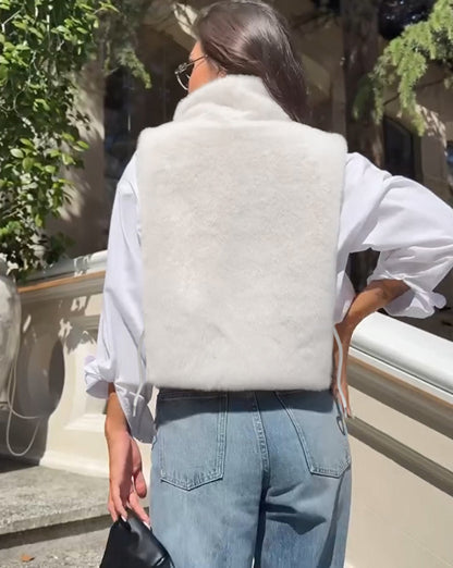 Women Faux Fur Sleeveless Vest Top High Collar
