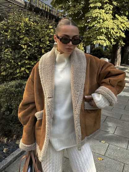Retro camel shearling lapel winter coat women