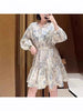 Floral linen mini dress puff sleeve summer flowy short dress