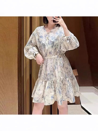 Floral linen mini dress puff sleeve summer flowy short dress