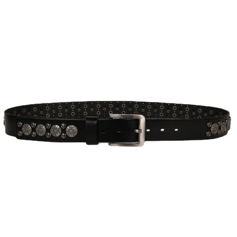 Wide Leather Belt with Silver Studs and Aztec Rivets