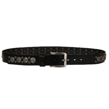Wide Leather Belt with Silver Studs and Aztec Rivets