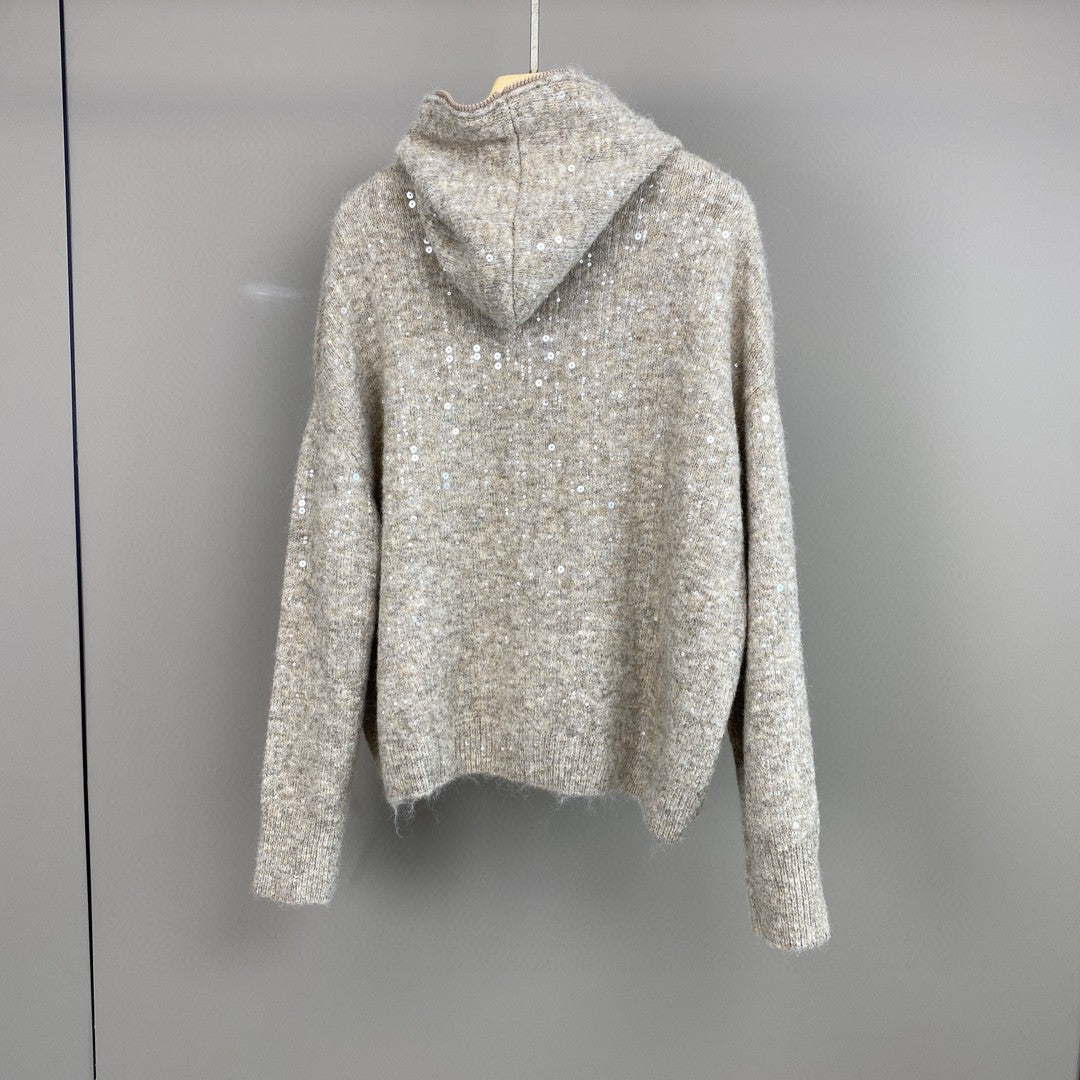 Women Mohair Cashmere Sequin Zip Cardigan Hoodie