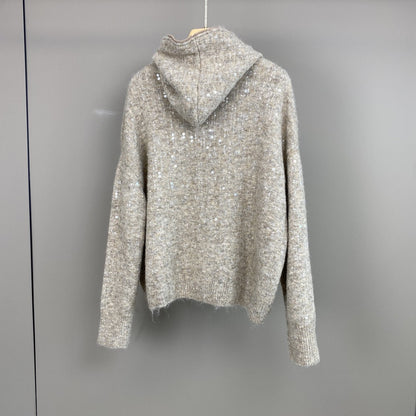 Women Mohair Cashmere Sequin Zip Cardigan Hoodie