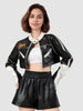 Black and White Cropped Faux Leather Biker Jacket for Women