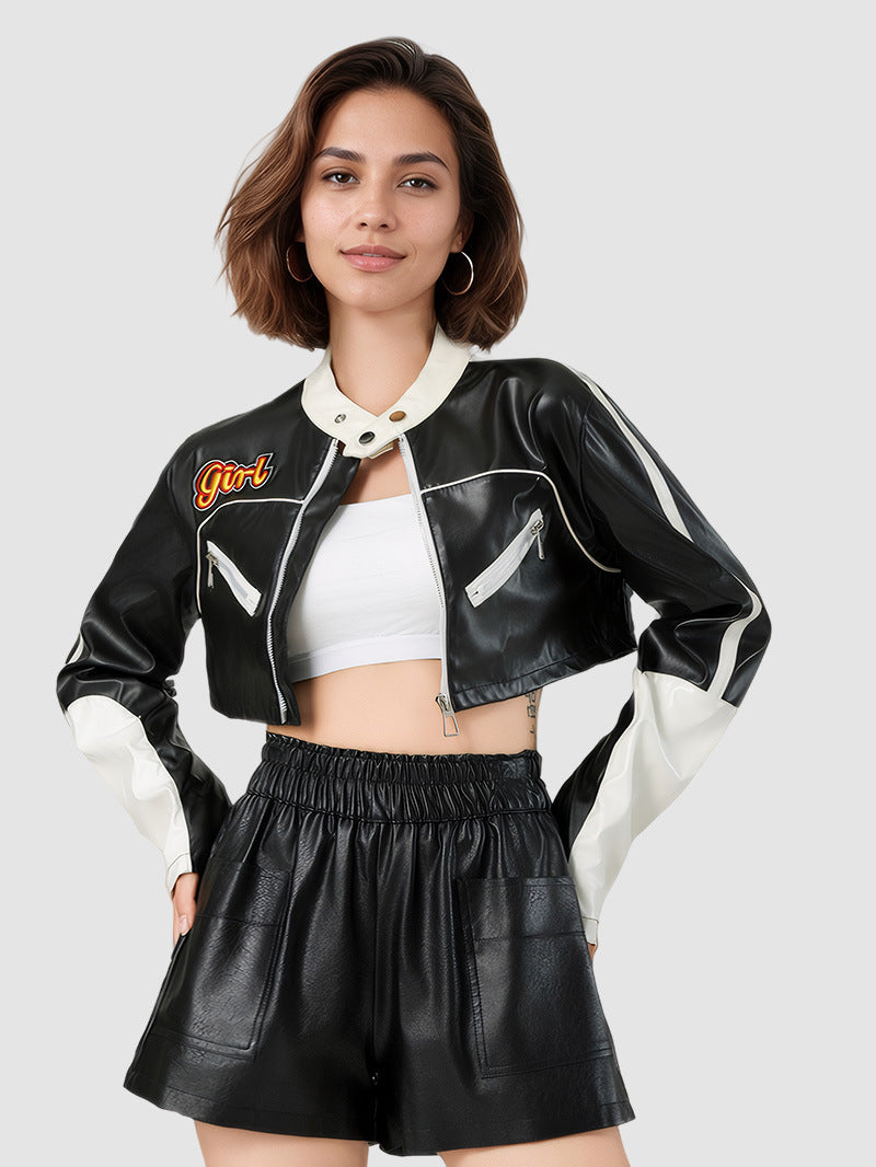 Black and White Cropped Faux Leather Biker Jacket for Women